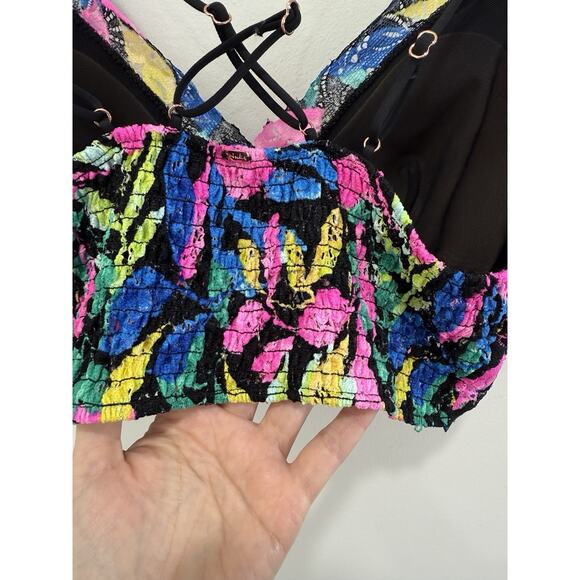Victorias Secret Bralette Size L Colorful Tropical Floral Lace Smocked Strappy - Picture 8 of 13